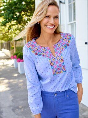 Talbots Embroidered Chambray Blouse Size Large